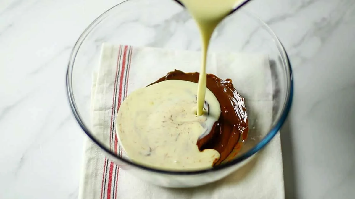 Pour into the melted chocolate in two or three batches and stir slowly to combine