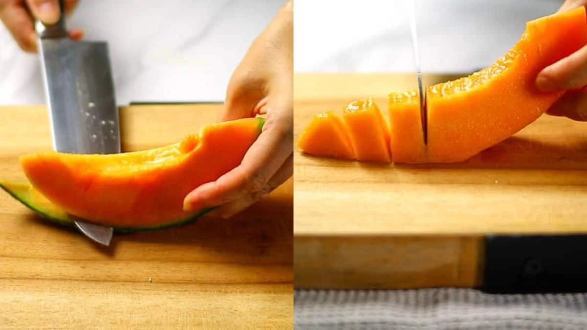 Cut the melon in half and remove the seeds using a spoon Cut in half again (You will use about ¼ of a melon with the skin and seeds removed) Cut the melon in half again and remove the rind by cutting between the rind and the flesh Cut into bite-sized pieces
