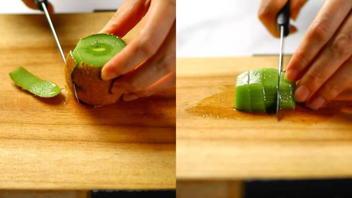 Cut the kiwi first, top and bottom Place lengthwise and peel along the rounded edges (You can also use a peeler) Cut in half lengthwise and slice into slices about 1 cm thick