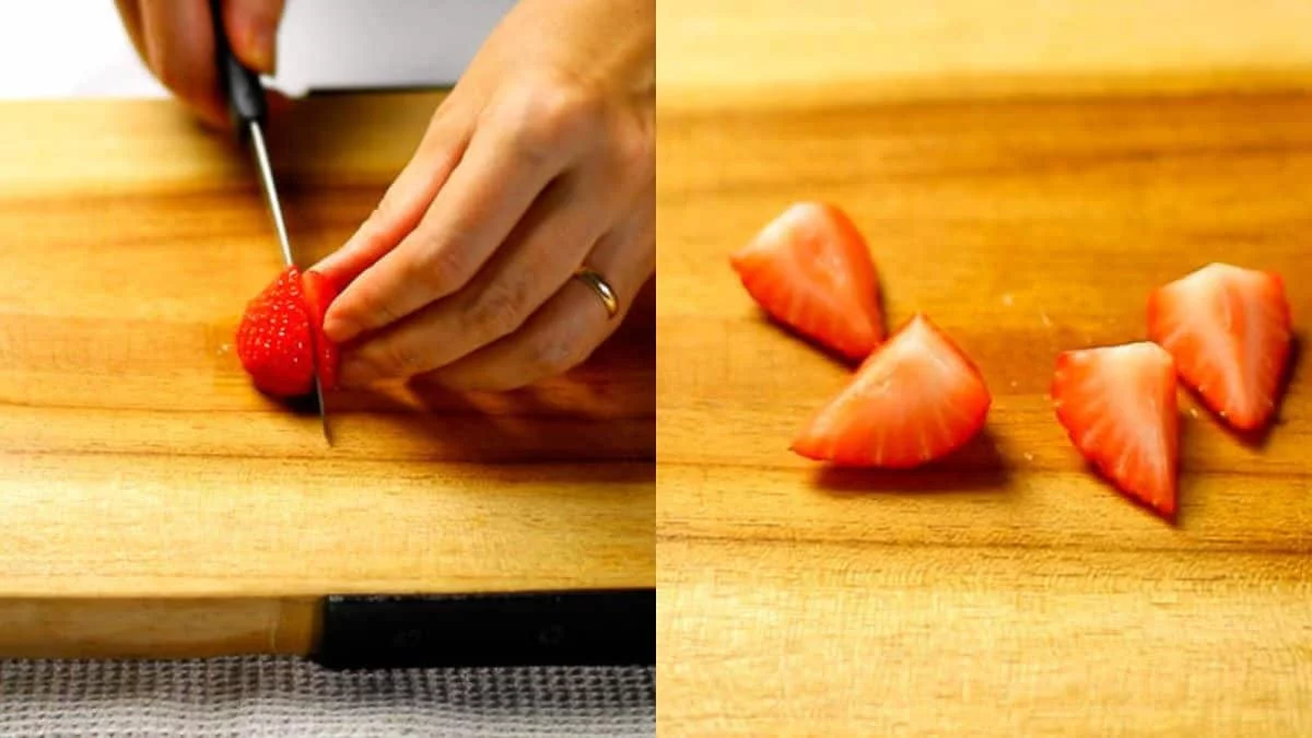 Wash the strawberries, remove the stems, and quarter them lengthwise